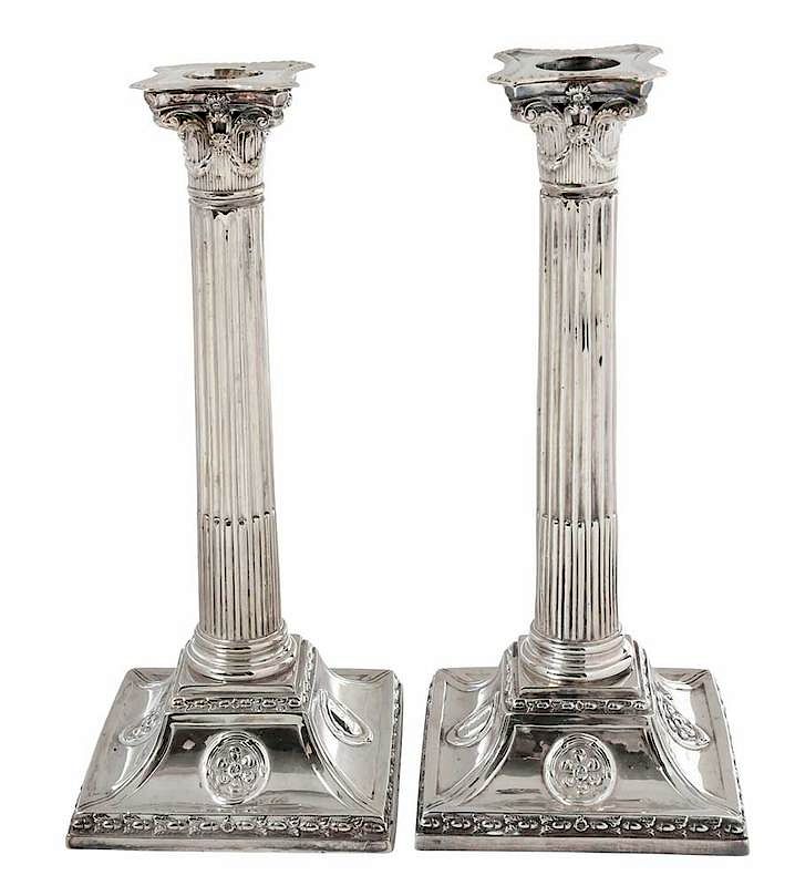 Appraisal: Pair of English Silver Column Candlesticks Sheffield Corinthian column reeded