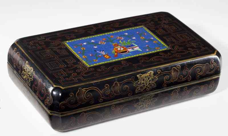 Appraisal: Chinese Black Lacquer and Cloisonne Boxlate th - early th