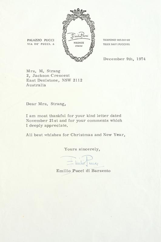 Appraisal: A PERSONALLY SIGNED LETTER FROM EMILIO PUCCI December th personally