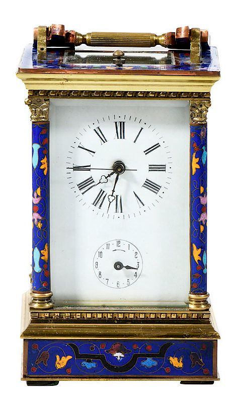 Appraisal: Champlev Carriage Clock early th century overall blue floral decoration