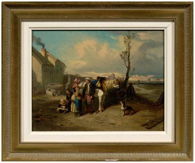 Appraisal: Painting signed Dumoulin family with horse and dog near a