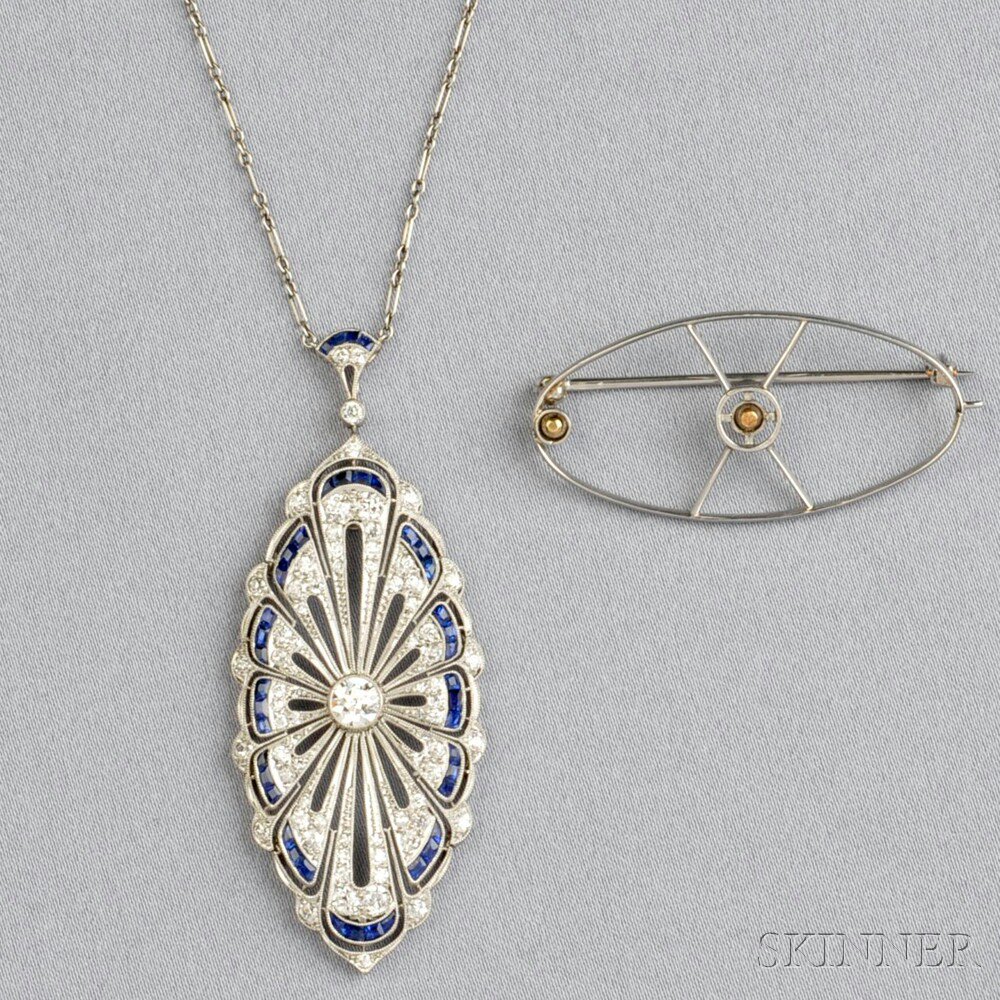 Appraisal: Art Deco Platinum Sapphire and Diamond Pendant set with old