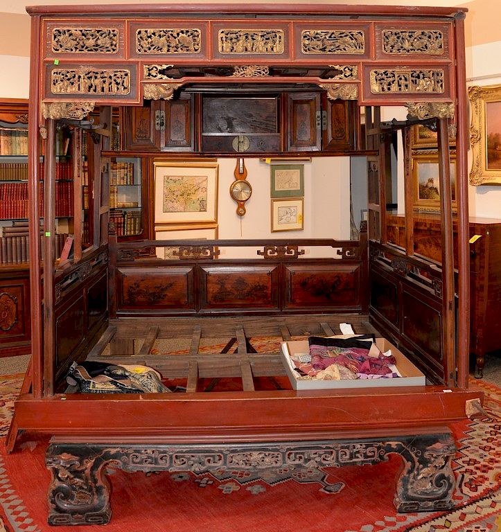 Appraisal: Chinese wedding bed having pierced carved panels and painted panels