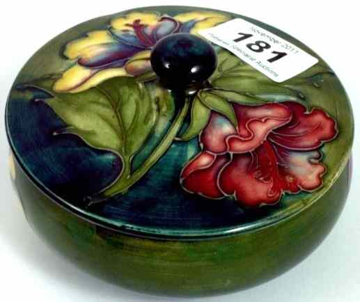 Appraisal: Moorcroft Lidded Bowl with Lilies on Blue Green Diameter approx