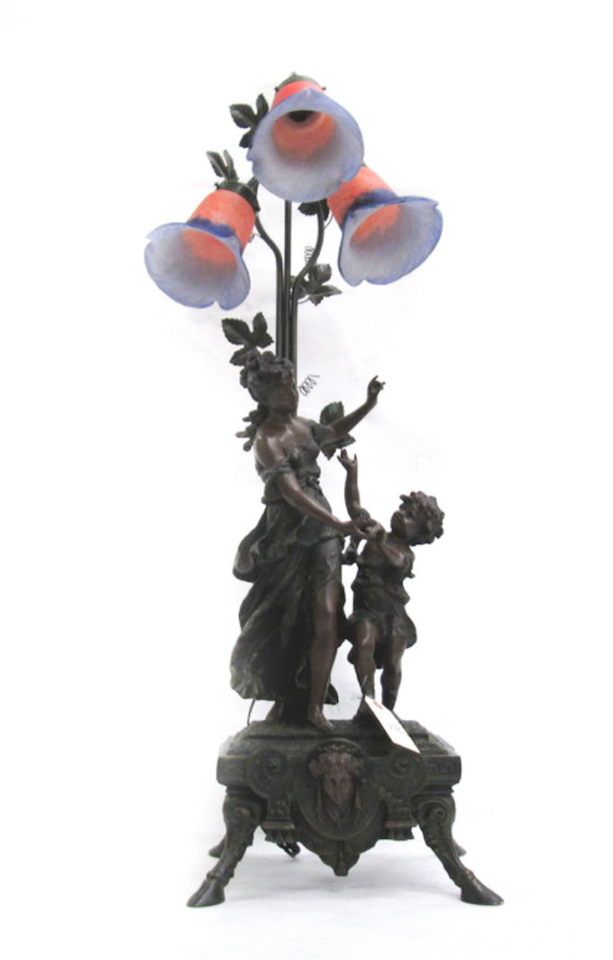 Appraisal: FIGURAL BRONZED RESIN TABLE LAMP French Art Nouveau style featuring