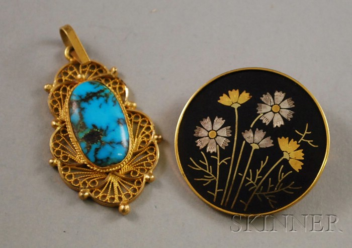 Appraisal: kt Gold and Turquoise Pendant and a Mixed-metal Shakudo Brooch