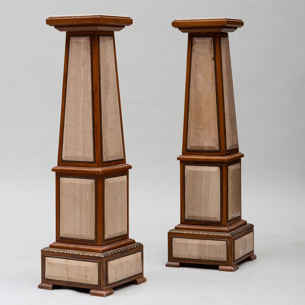 Appraisal: Pair of Modern Gilt-Metal-Mounted Walnut and Filled-Travertine Pedestals x x