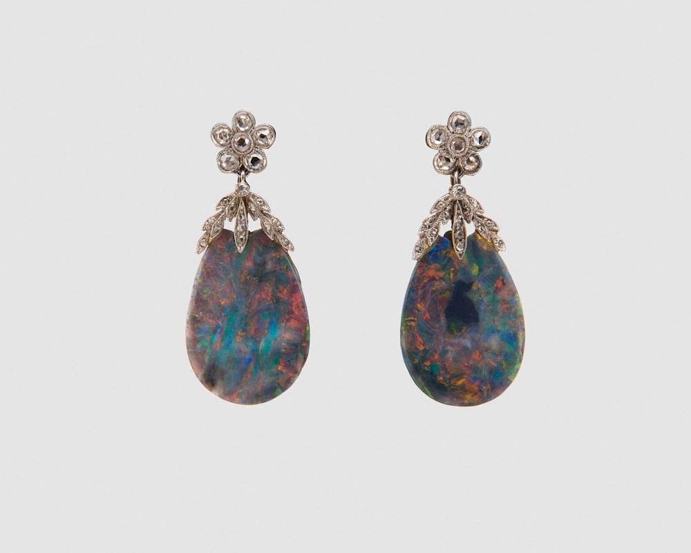 Appraisal: K White Gold Black Opal and Diamond Ear Pendants K