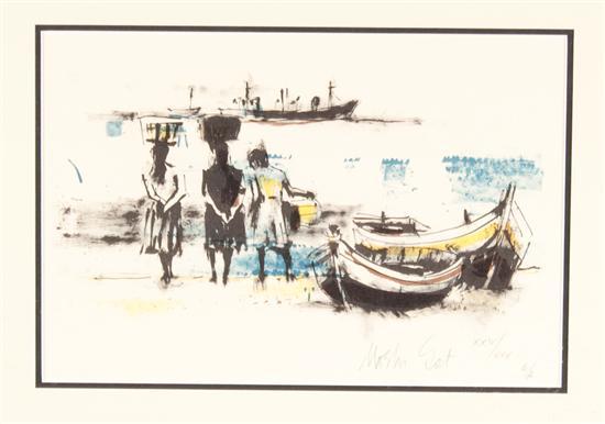 Appraisal: Moshe Gat Israeli b Figures at the Shoreline color etching