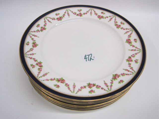 Appraisal: SEVEN GILMAN COLLAMORE PORCELAIN DINNER PLATES with cobalt blue and