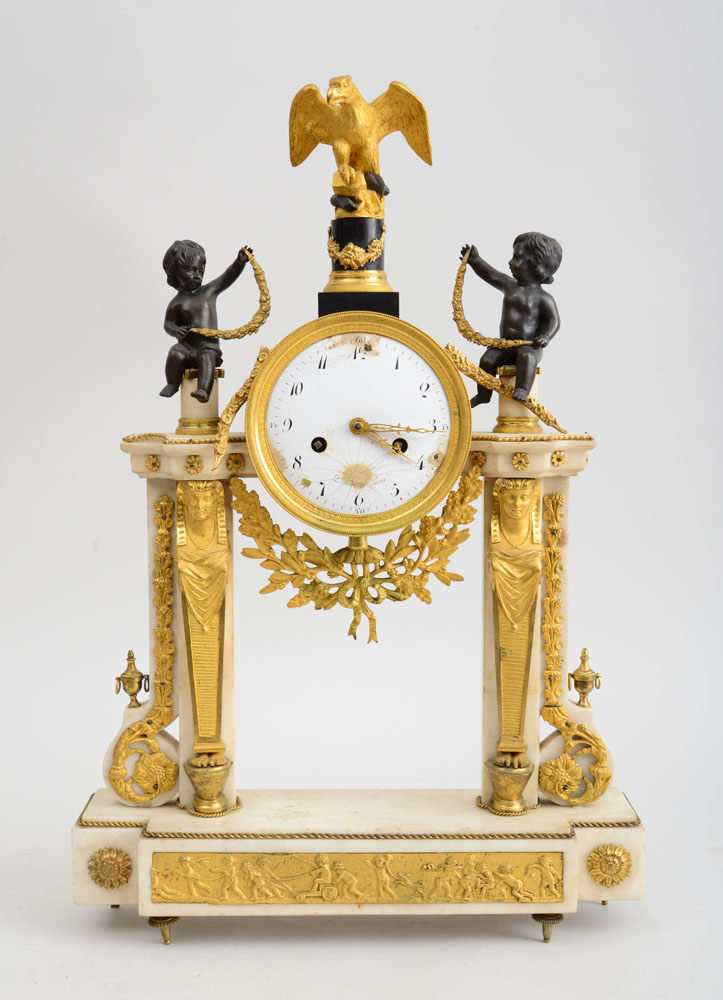 Appraisal: LOUIS XVI STYLE GILT-BRONZE-MOUNTED WHITE MARBLE PILLAR CLOCK The enamel