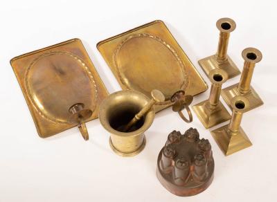 Appraisal: A pair of brass candle sconce reflectors sundry copper and