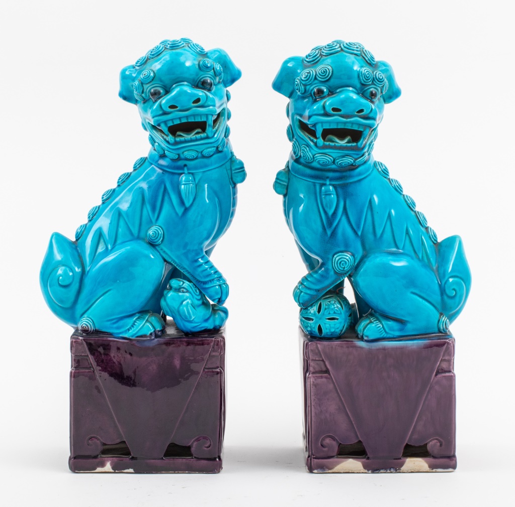 Appraisal: CHINESE TURQUOISE GLAZED CERAMIC FOO DOG PAIR Pair of Chinese