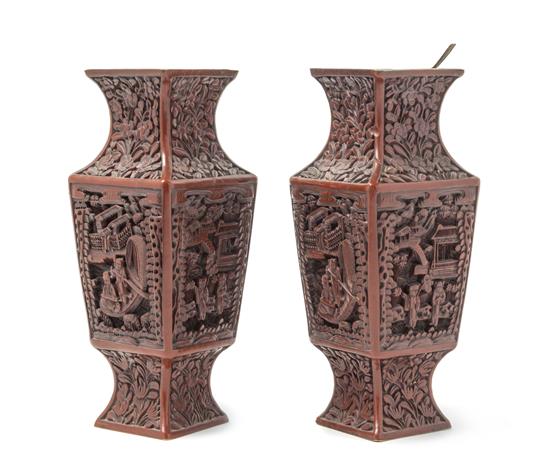 Appraisal: Sale Lot A Pair of Cinnabar Lacquer Vases each of