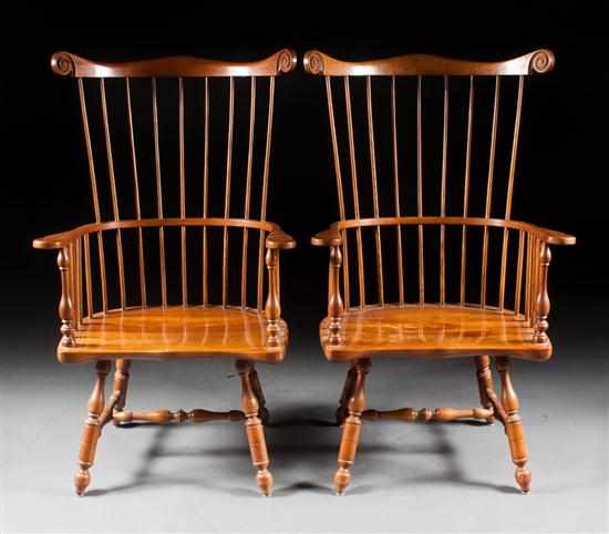 Appraisal: Pair of Windsor style maple fan-back armchairs Stickley furniture th