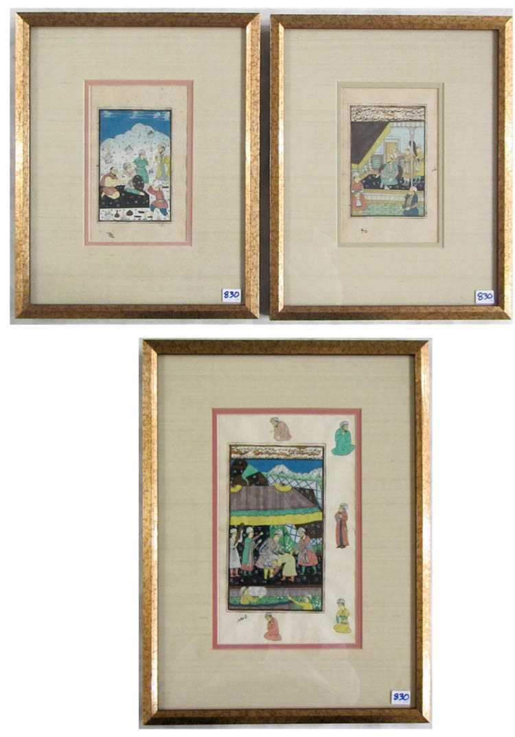 Appraisal: THREE MUGHAL SCHOOL GOUACHES ON PAPER figures in various scenes