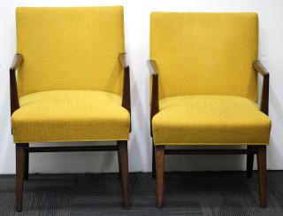 Appraisal: Pair Mid Walnut upholstered in goldenrod yellow linen H X