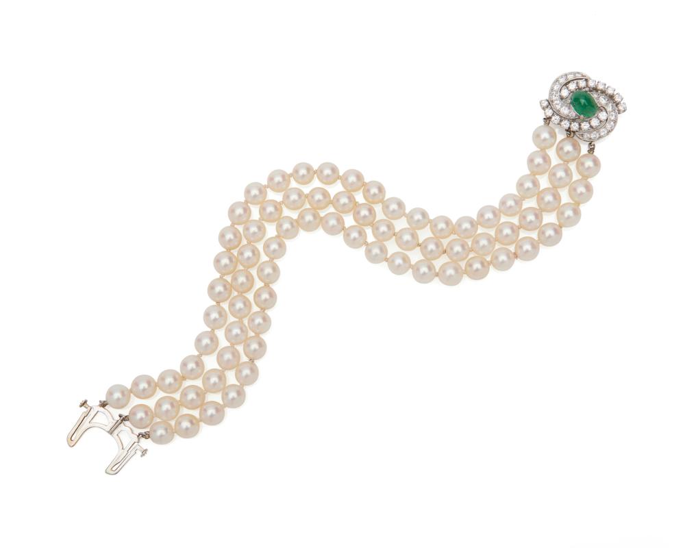 Appraisal: Platinum Emerald and Diamond Triple Strand Pearl Bracelet comprising cultured