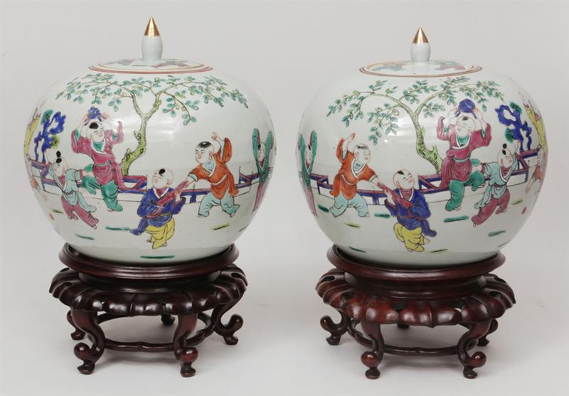 Appraisal: Pair of Modern Chinese Porcelain Famille Rose Spherical Jars and