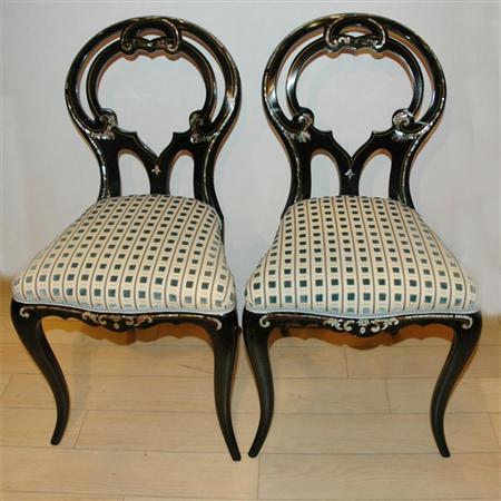 Appraisal: Pair of Mother-of-Pearl Inlaid Black Lacquered Side Chairs Estimate -