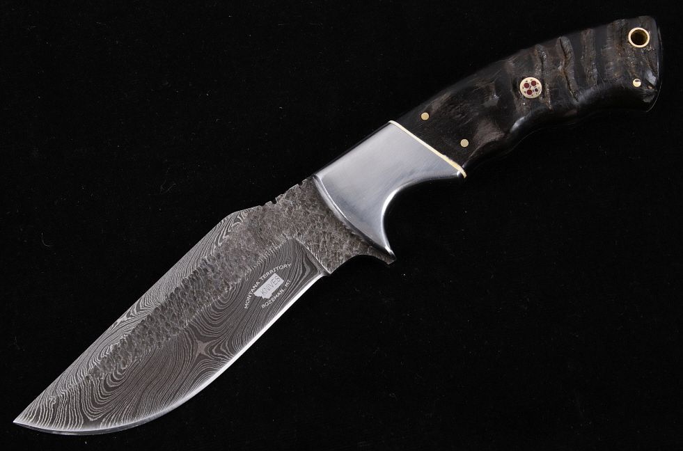 Appraisal: M T Knives Rams Horn Damascus Drop Point Knife This