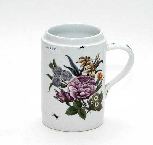 Appraisal: TANKARD WITH HOLZSCHNITTBLUMEN Meissen circa Cylindrical form the handle decorated