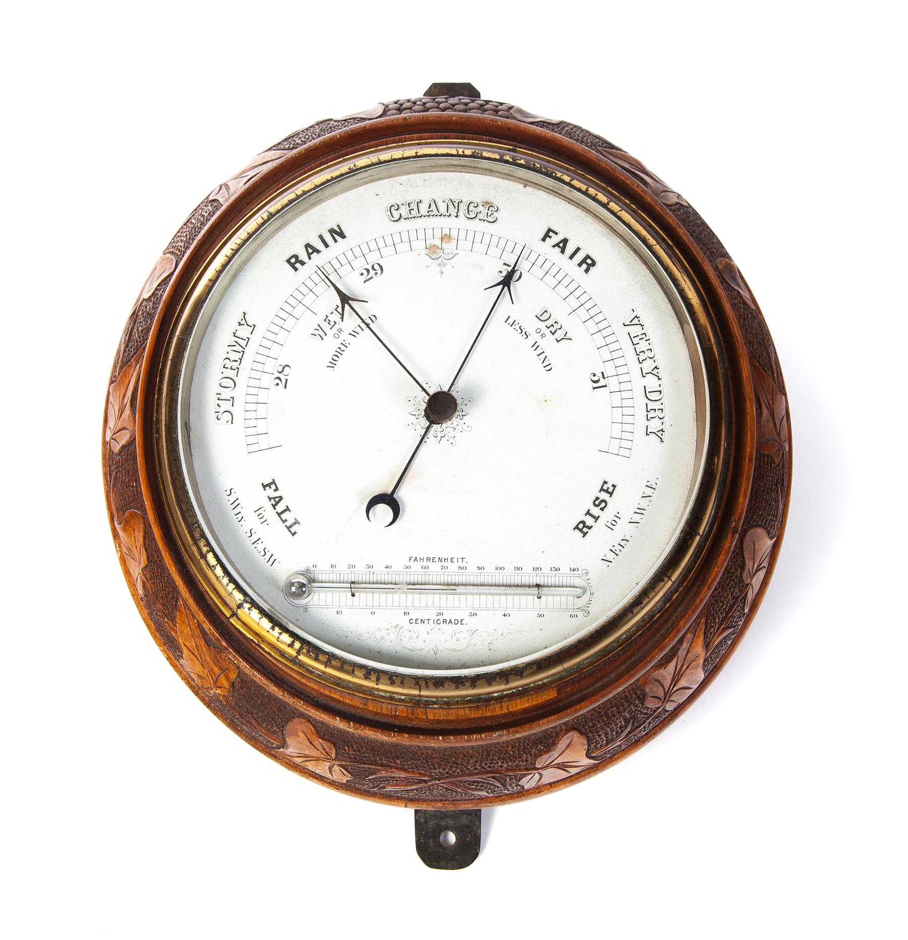 Appraisal: WALL HANGING BAROMETER Ca Circular-shape with press-carved leaf decoration dia