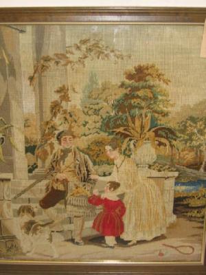 Appraisal: A VICTORIAN WOOLWORK PICTURE depicting a family group on the