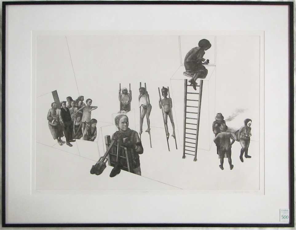 Appraisal: DAVID BECKER ETCHING Wisconsin born Exit groups of figures Signed