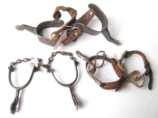 Appraisal: THREE PAIRS OF RIDING SPURS western swan neck type with