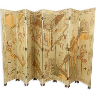 Appraisal: Maitland-Smith Asian Hand Painted Wood Panel Screen Depicts a courtyard