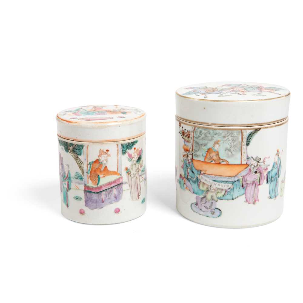 Appraisal: TWO FAMILLE ROSE CYLINDRICAL BOXES AND COVERS QING DYNASTY TH