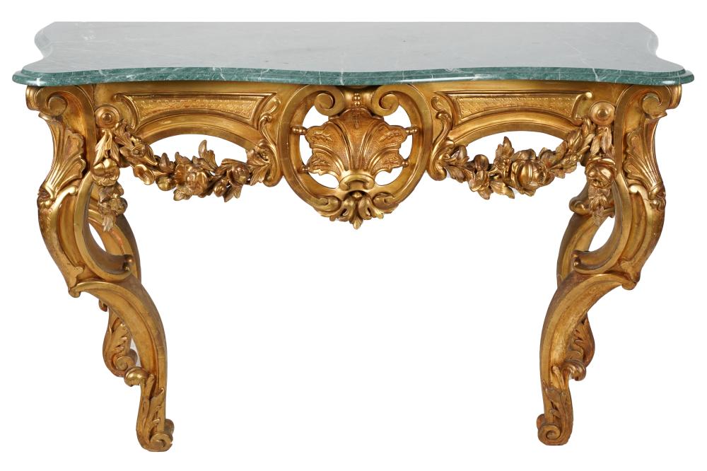 Appraisal: ROCOCO STYLE GILTWOOD CONSOLE TABLEwith light green marble top over