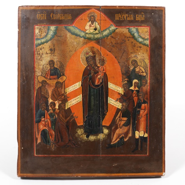 Appraisal: RUSSIAN ICON OF MADONNA IN MAJESTY x Tempera on gessoed