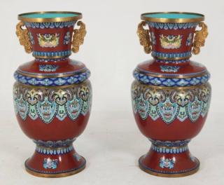 Appraisal: IMPRESSIVE PAIR OF CLOISONNE TEMPLE URNS WITH DRAGON DECORATION H