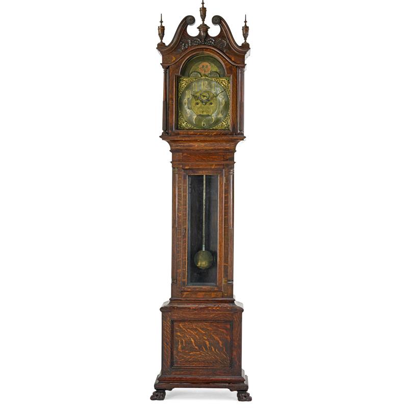 Appraisal: J E CALDWELL GRANDFATHER CLOCK Oak case on ogee bracket