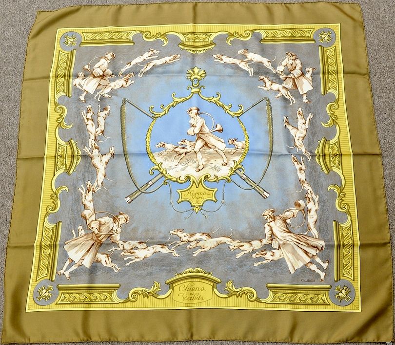 Appraisal: Hermes silk scarf Chiens Et Valets in original box approximately