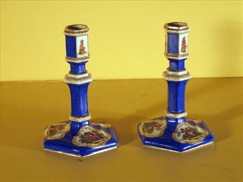 Appraisal: PAIR OF GERMAN PORCELAIN BRIGHT BLUE GROUND CANDLESTICKS Early th