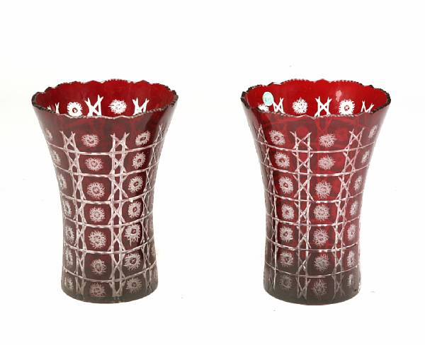 Appraisal: A pair of large ruby cut to clear glass vases