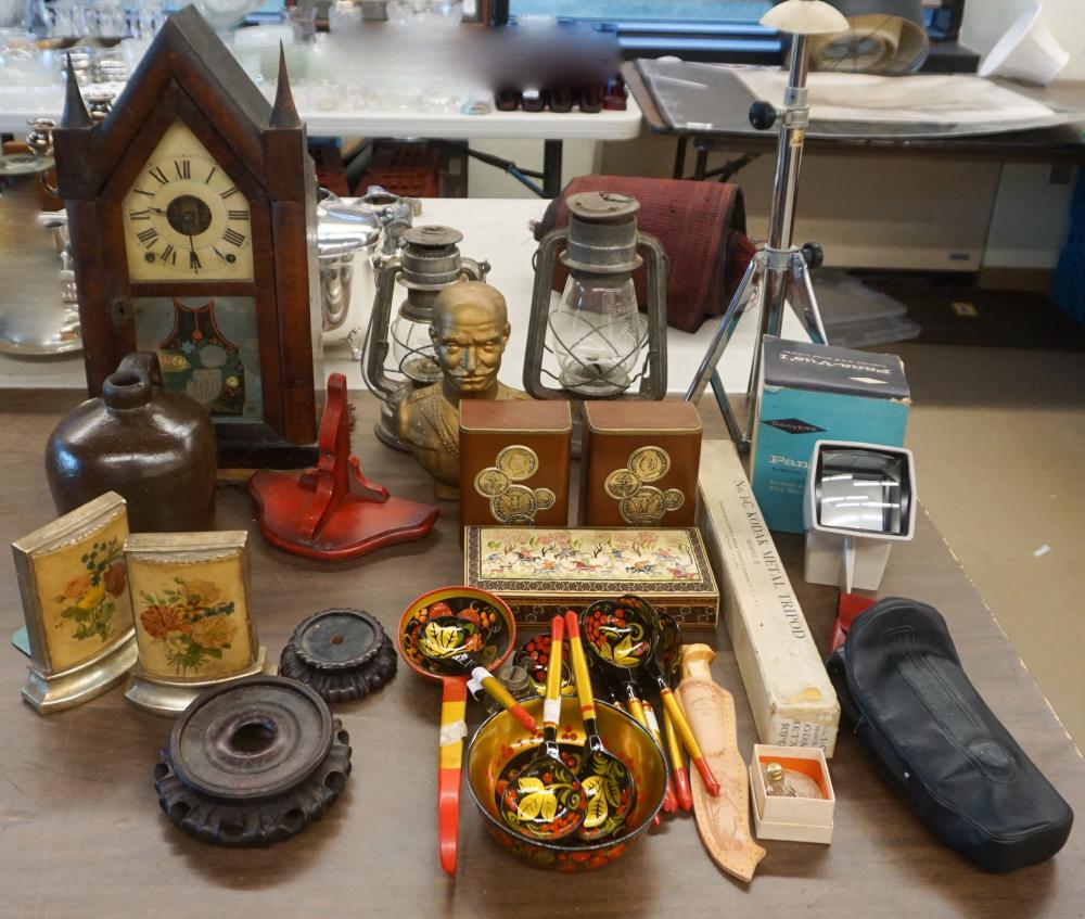 Appraisal: VICTORIAN STEEPLE CLOCK TWO TIN LANTERNS RUSSIAN LACQUERWARE AND TWO