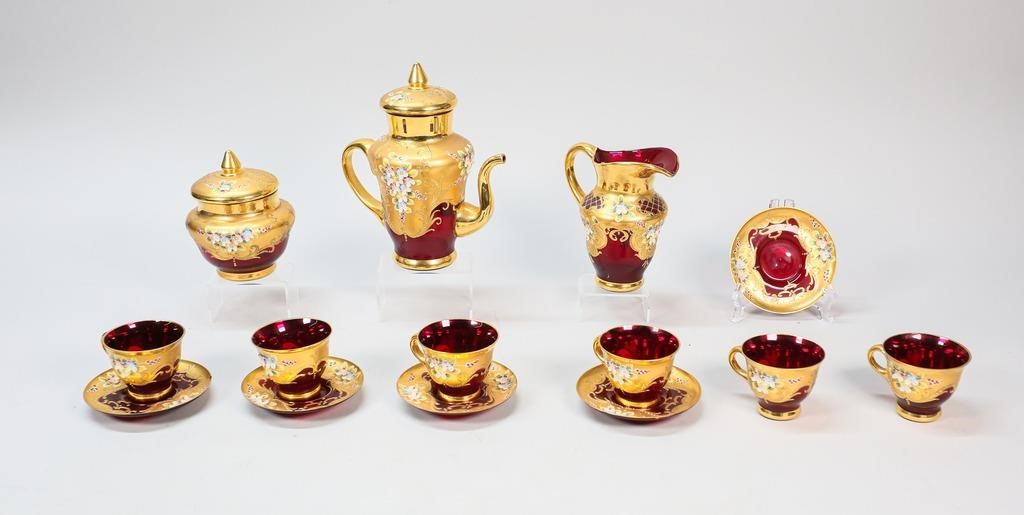 Appraisal: piece Bohemian glass tea set Cranberry glass with gilt and