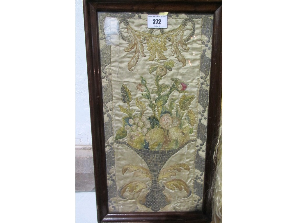 Appraisal: Framed embroidered and needlework silk panel