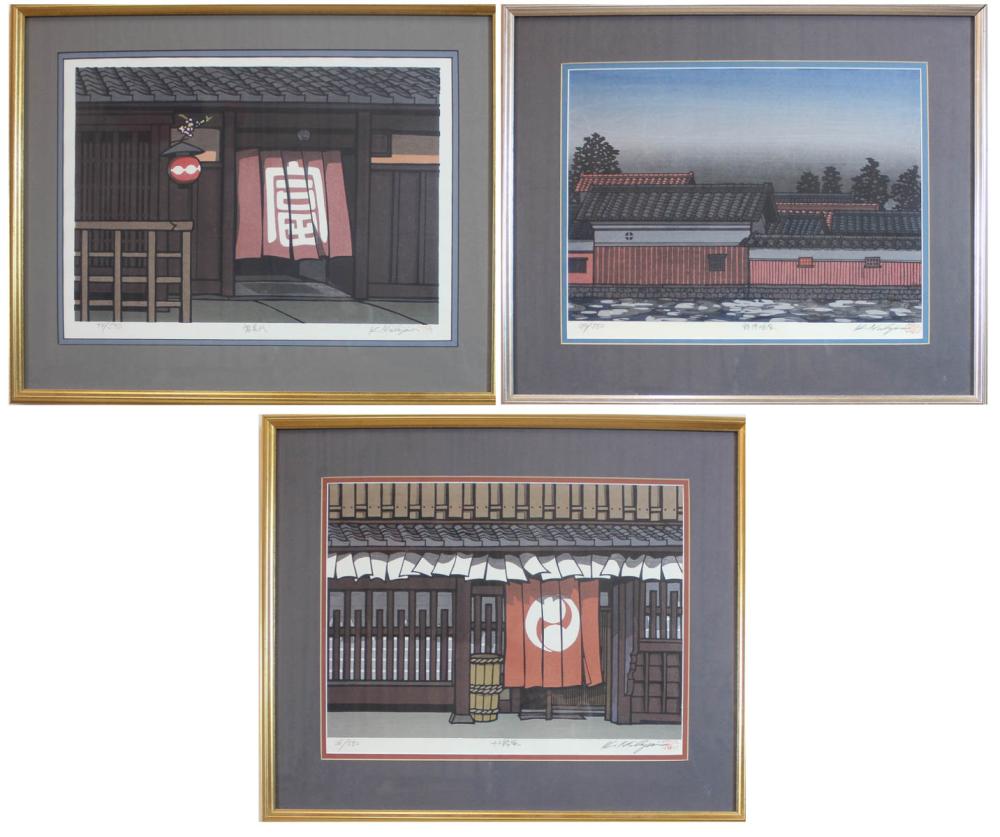 Appraisal: KATSUYUKI NISHIJIMA Japan born Three woodcuts street scenes Each pencil