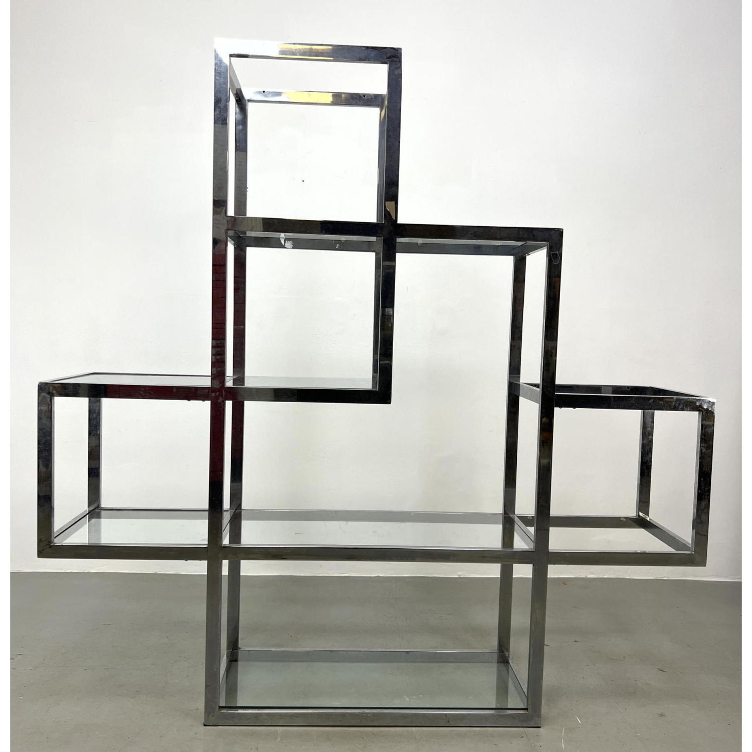 Appraisal: Modernist Chrome Tube Etagere Display Shelf Unit Glass Shelves Dimensions