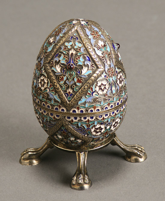 Appraisal: Russian Silver and Cloisonn Enamel Egg-Form Box on Stand Maker's