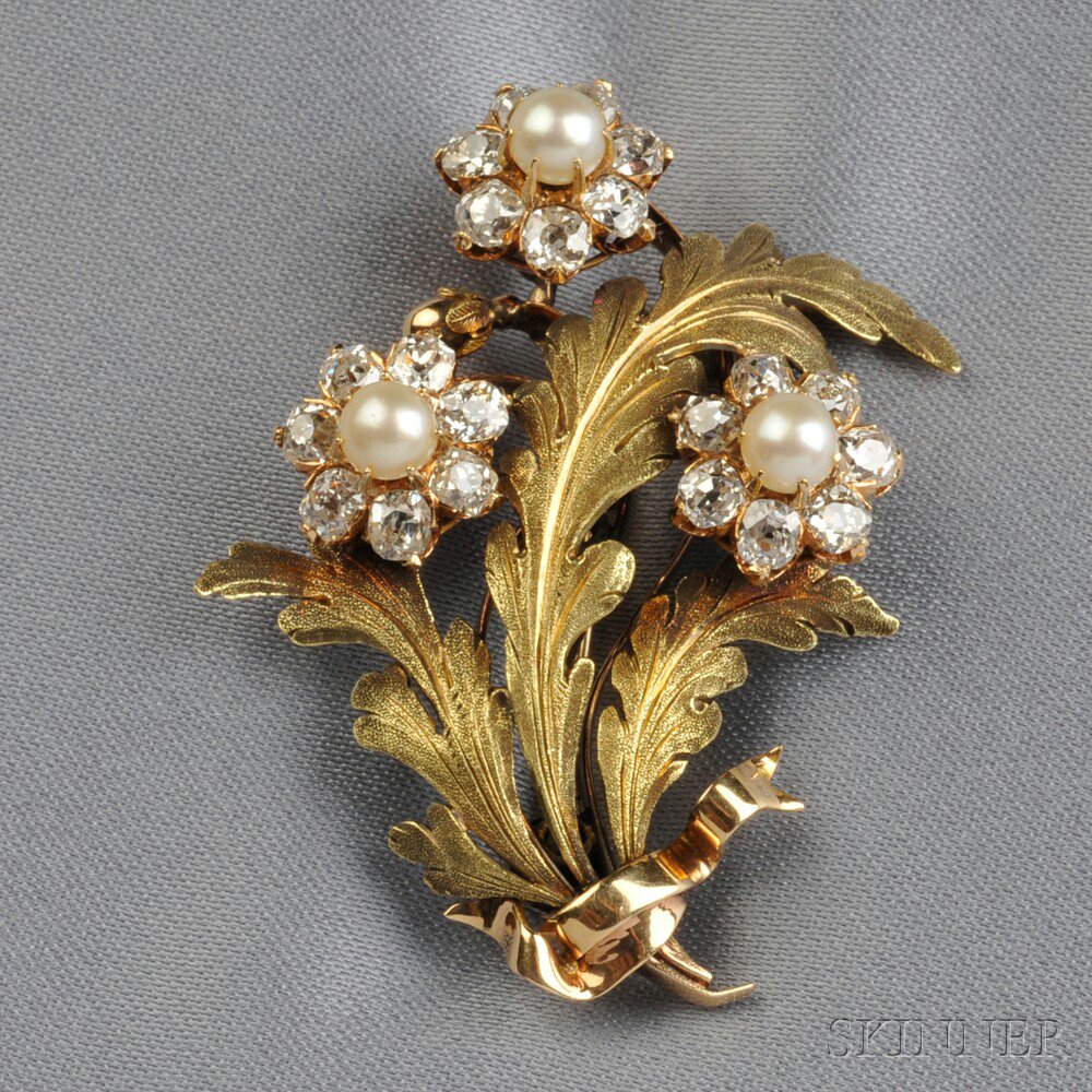 Appraisal: Antique kt Gold Pearl and Diamond Flower Brooch with pearl