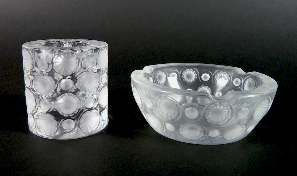 Appraisal: Lalique glass ashtray and cigarette dish Lalique glass ashtray and