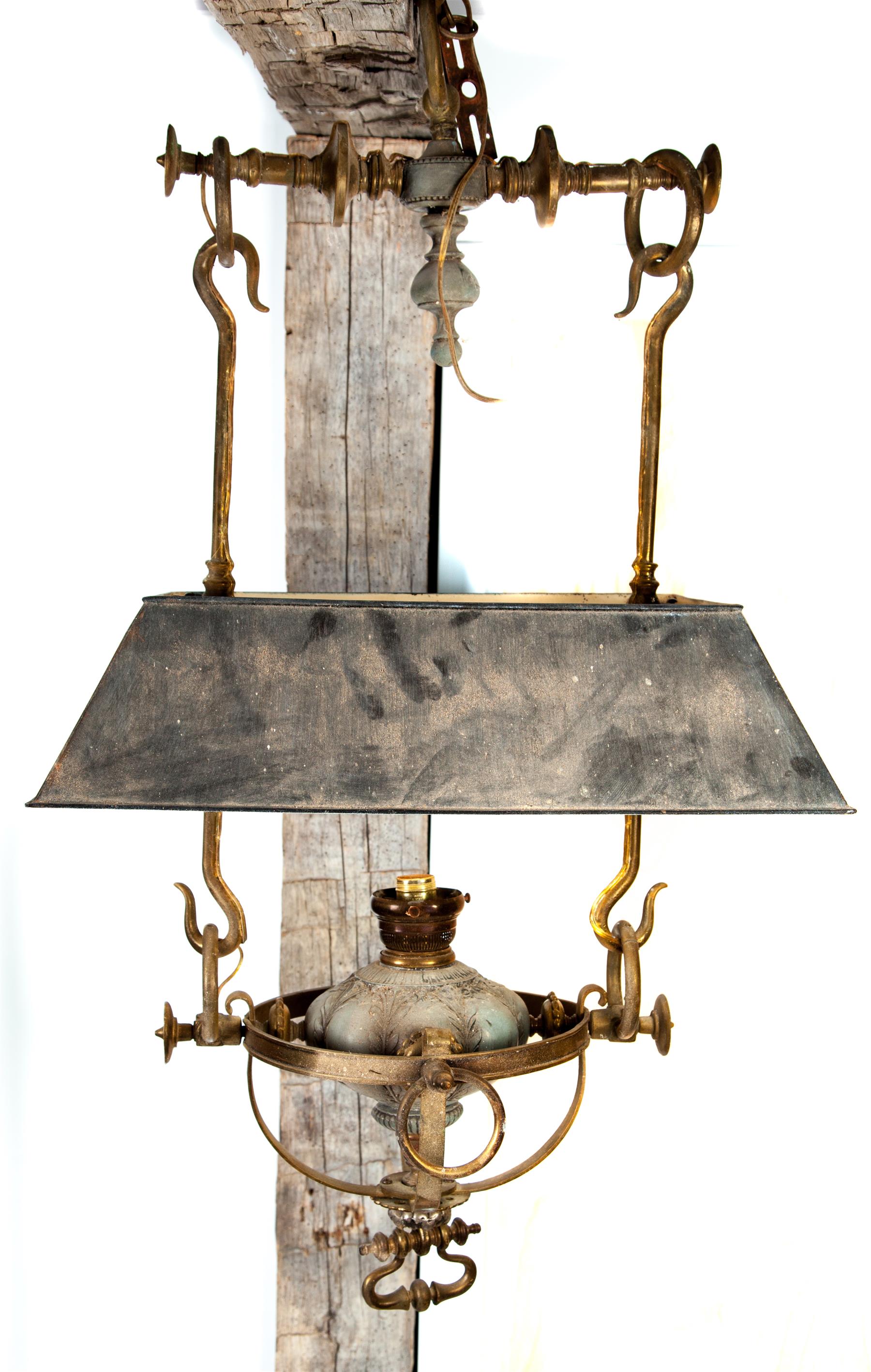 Appraisal: SHIP'S BRASS HANGING LAMP WITH TOLE SHADE American rd quarter-