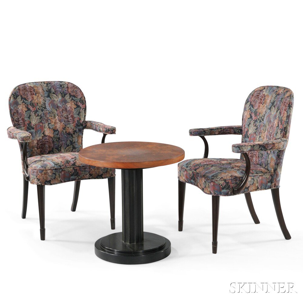 Appraisal: Two Mid-century Armchairs and an Occasional Table Upholstery hardwood veneered