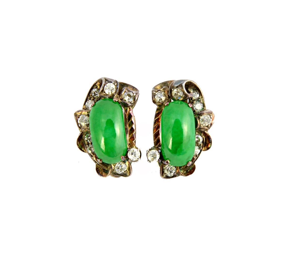 Appraisal: A pair of jade and diamond set earclips each mounted